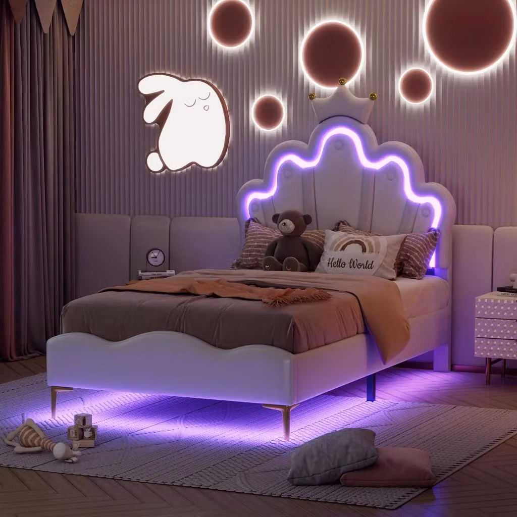 Letto singolo REDOM con testiera a corona, illuminazione LED sottostante e rivestimento in ecopelle bianco, L/P: 90 x 200 cm – 2