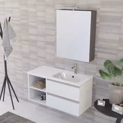 Mobile bagno sospeso Master INBAGNO bianco opaco con lavabo a destra e specchio contenitore L: 101 cm, P: 46 cm, H: 75 cm – 1