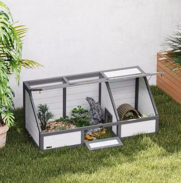 Recinto da esterno per tartarughe in legno bianco con base aperta, 120 x 55 cm