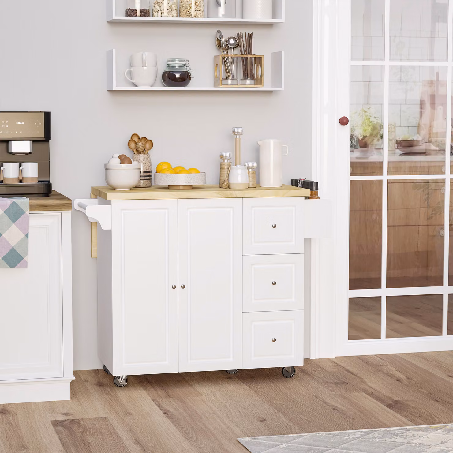 Isola da cucina HOMCOM bianca con piano di lavoro ribaltabile, 3 cassetti, armadio, porta asciugamani e porta spezie, L: 111,5 cm, P: 75 cm, H: 89 cm – 2