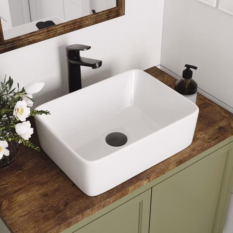 Mobile lavabo rettangolare, dimensioni 40,5x30,5x13 cm, colore bianco, materiale: Vetroceramica