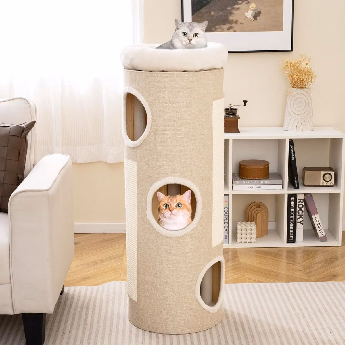 Costway Casa per gatti a 4 piani con letto a caverna, tiragraffi e accessori, Bianco e Naturale