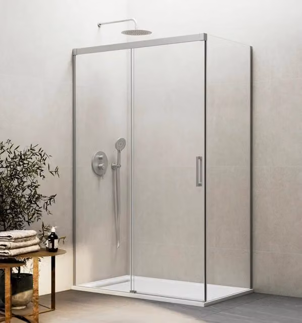 Box doccia angolare DUCHA BASIC con vetro trasparente e finitura nichel spazzolato L 110 cm x P 80 cm