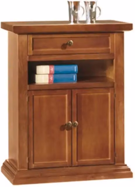 Mobiletto porta telefono Shopinnovativo in stile arte povera con 2 ante e 1 cassetto in legno massello e MDF, finitura noce lucido, colore marrone, H 76 cm x L 60 cm x P 32 cm – 1