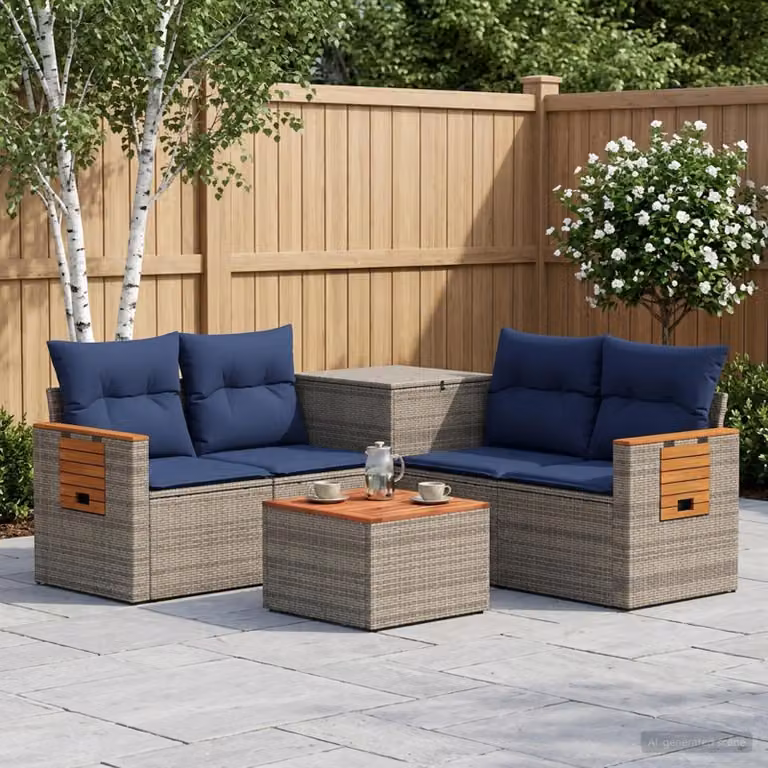 vidaXL Set di divani da giardino 6 pz a forma di L in rattan sintetico e acciaio con cuscini Grigio e Blu Navy