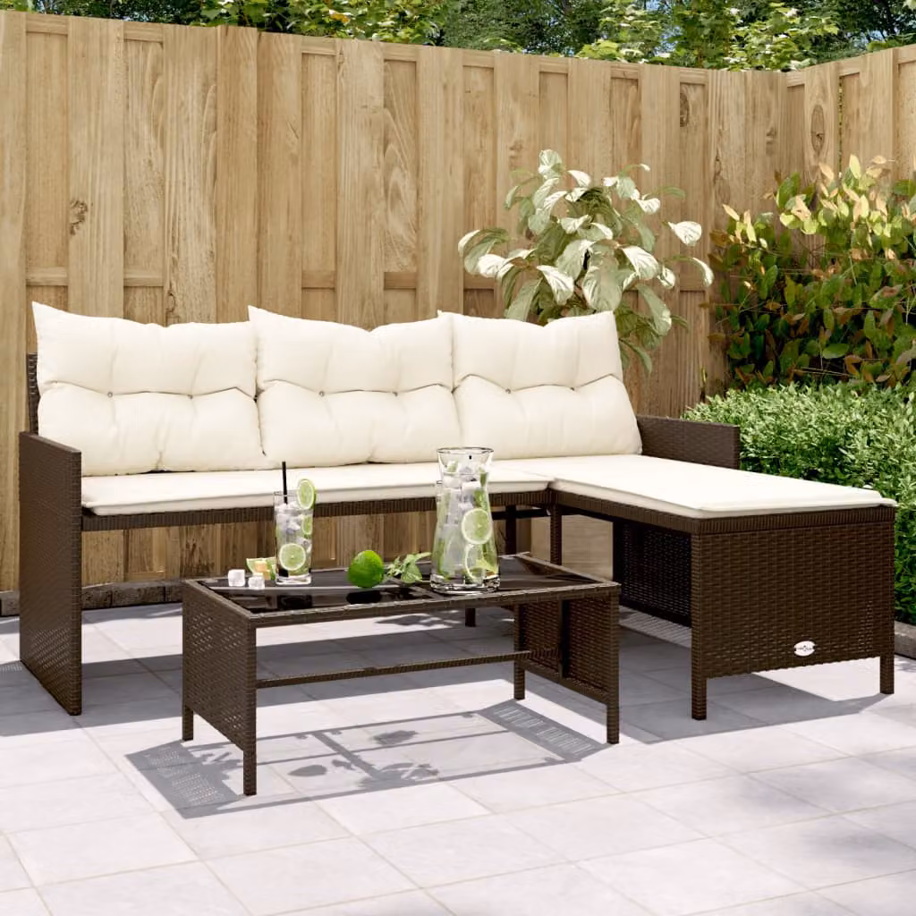 Set da giardino vidaXL a L con divano a 3 posti, tavolino e cuscini, marrone e bianco