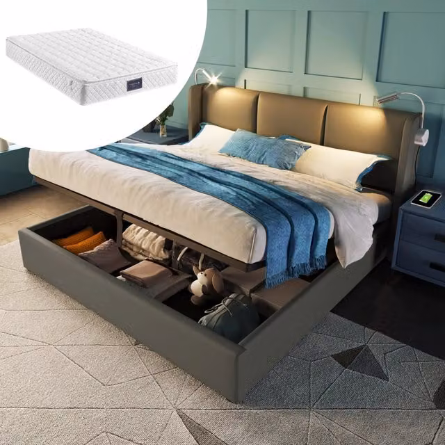 Desviae Lit contenitore 160 × 200 cm 2 posti con luce lettura, USB e vano, senza materasso, grigio