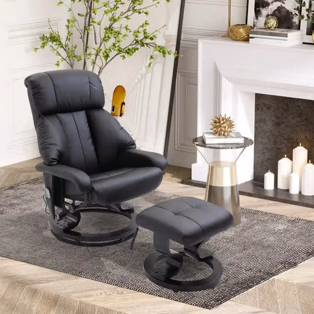 Poltrona relax girevole WISHDOR con massaggio, schienale reclinabile e poggiapiedi, rivestimento in similpelle nera