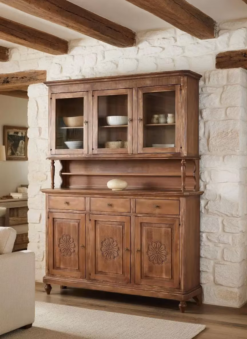 Cristalliera Shabby Chic Mobili 2G con ante in vetro e cassetti in noce marrone L: 150 cm, P: 43 cm, H: 205 cm – 2