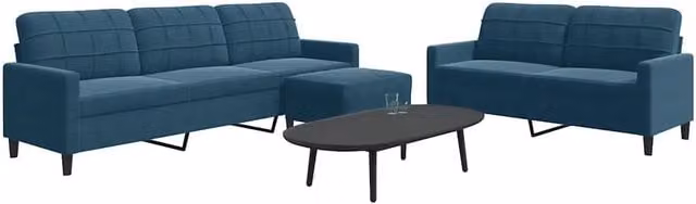 Set di divani moderno vidaXL in velluto blu composto da divano a 3 posti, divano a 2 posti e pouf con cuscini inclusi