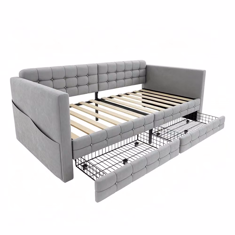 Letto singolo imbottito Minimal in velluto grigio con cassetti contenitori L/P/H: 90 x 190 cm – 2