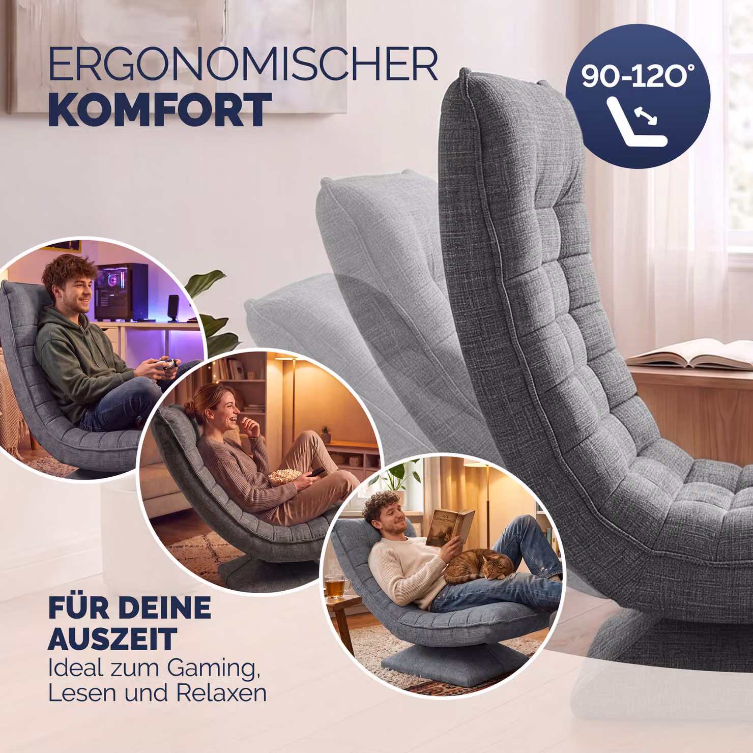 Sedia relax Aberdeen Casaria in tessuto grigio con struttura in metallo e funzione girevole a 360 gradi – 4