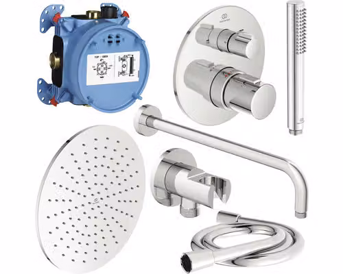 Ideal Standard Ceratherm T100 A7573AA pacchetto di rubinetteria cromata (contiene supporto per doccia, doccetta a bastone, attacco per soffione, termostatico da bagno a incasso Ceratherm C100, soffione 300x300 mm, flessibile doccia 1750 mm, corpo a incass