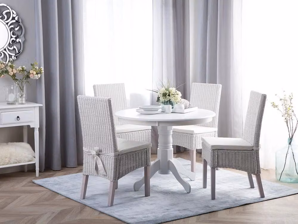 Tavolo da pranzo rotondo Beliani in legno di gomma bianco stile vintage Diametro: 100 cm, Altezza: 76 cm – 2