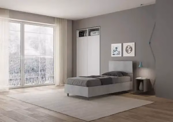 Letto singolo Demas con testata inclinata in tessuto color grigio cemento, L 80 cm x P 200 cm – 2