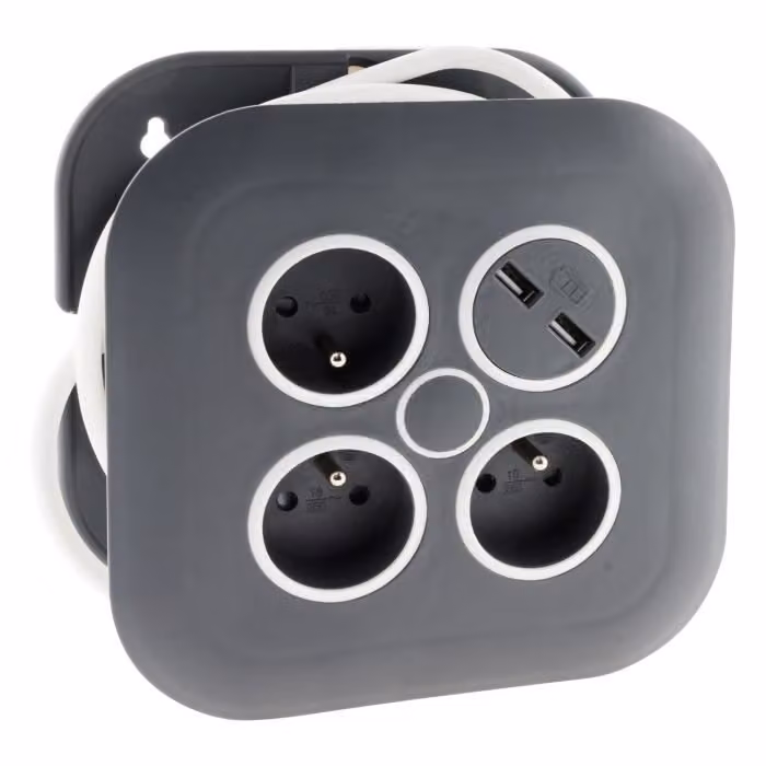 ZENITECH Home reel 3 prese 2P + E 16A + interruttore automatico + 2x USB - grigio e bianco