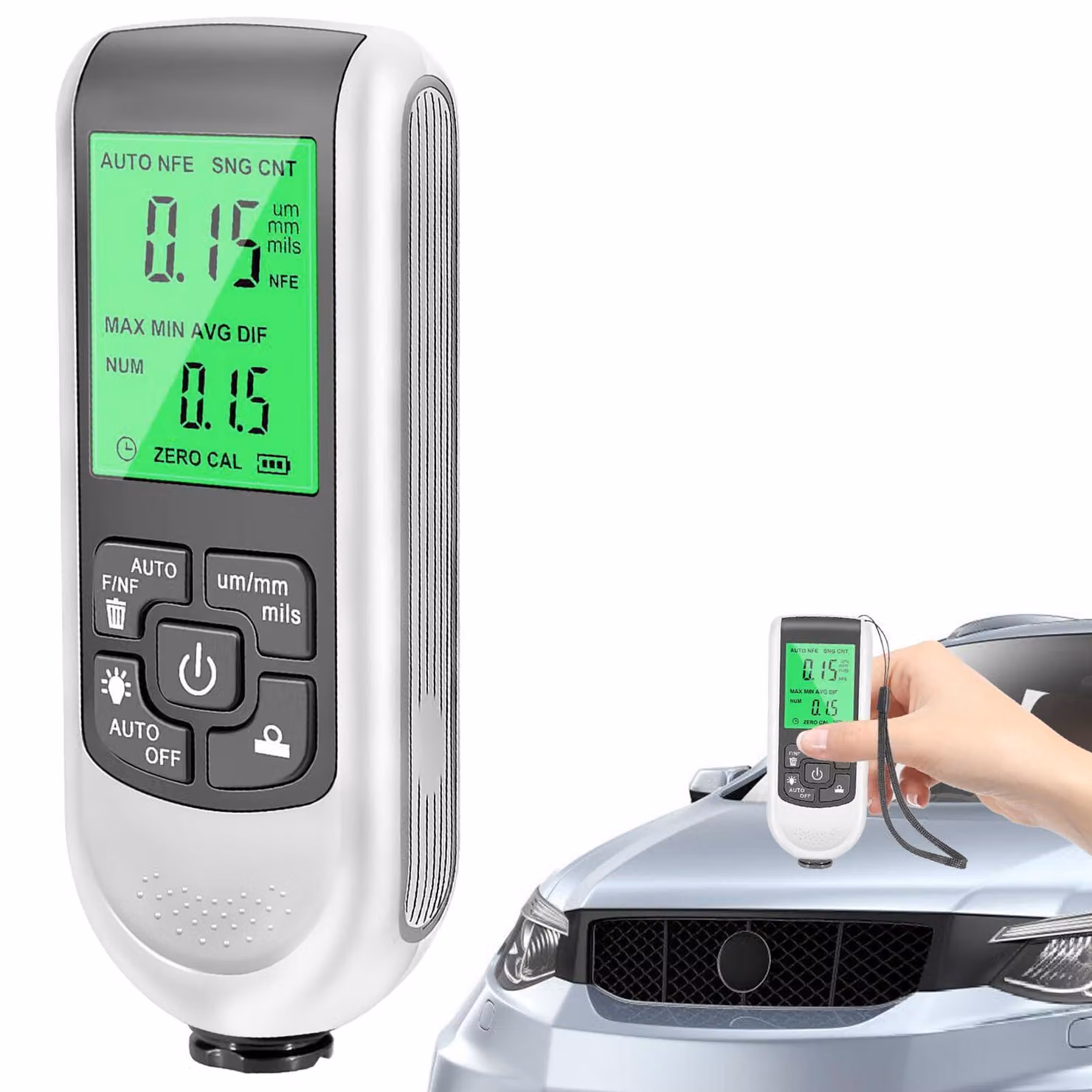 Misuratore di spessore vernice per auto: strumento per misurare lo spessore dello strato di vernice, dotato di retroilluminazione. Display LCD digitale, ideale per testare lo spessore della vernice su automobili. Range di misurazione: 0-2000um