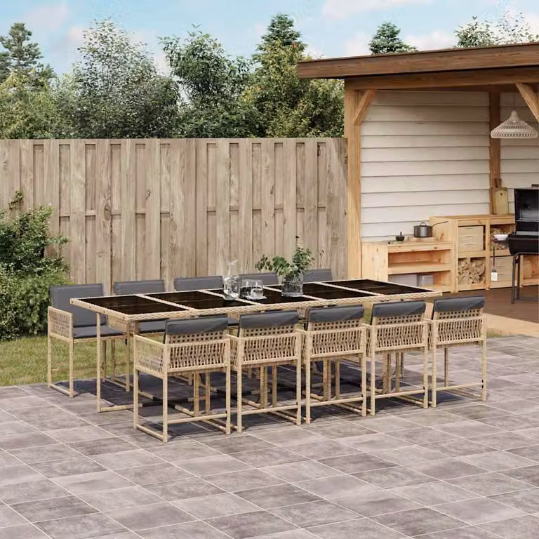 Set Pranzo da Giardino vidaXL in Polyrattan con Cuscini Beige e Grigio, 11 Pezzi con Tavolo in Vetro