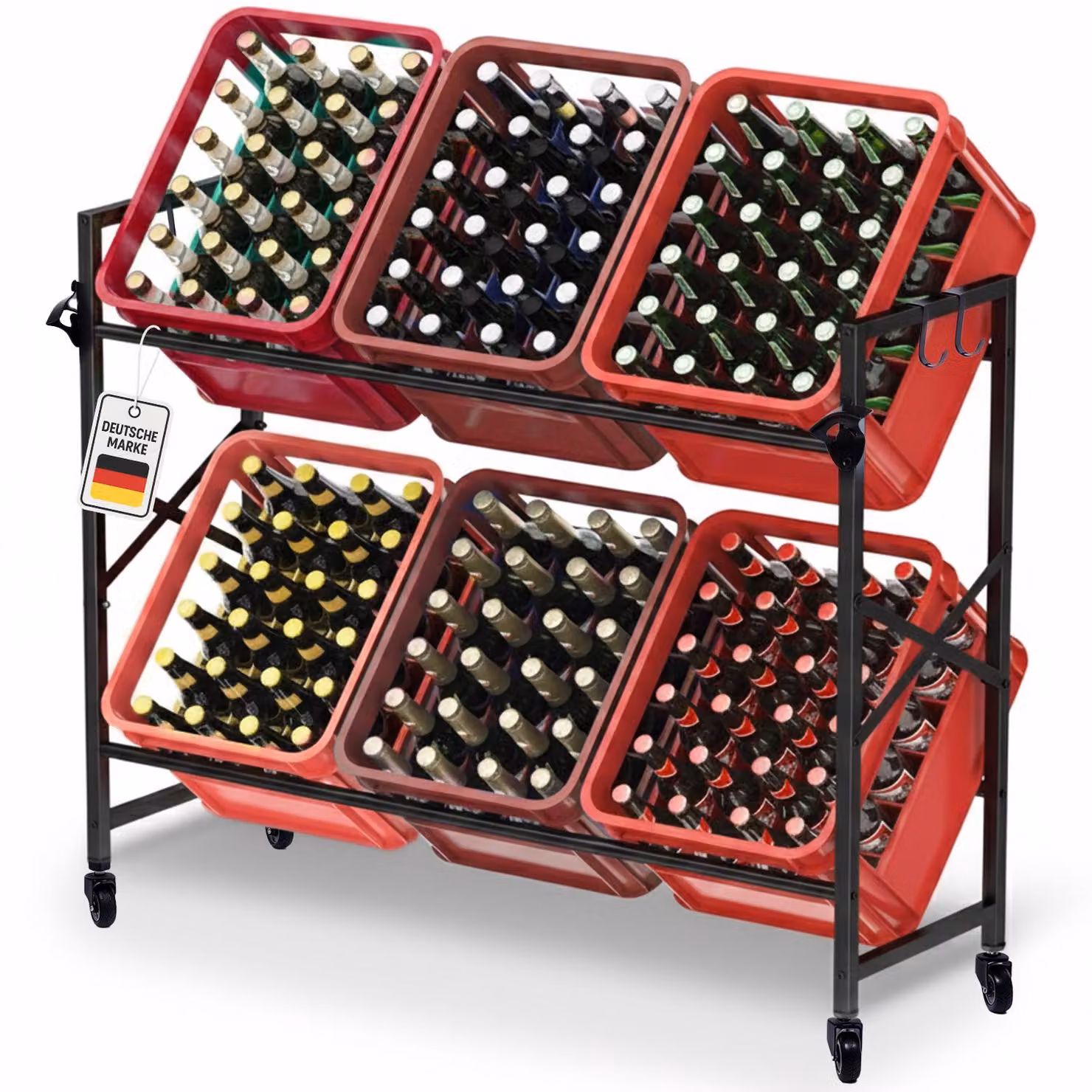 Portabottiglie Roxlin per 6 casse – scaffale in metallo con rotelle a 360°, ganci e apriscatole, supporto mobile per casse di birra e acqua