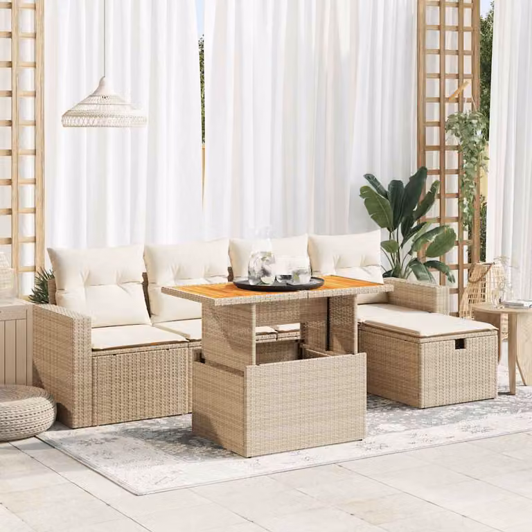 Set Divano da Giardino vidaXL 6 pz in Polyrattan con Cuscini Beige e Tavolino da Esterno