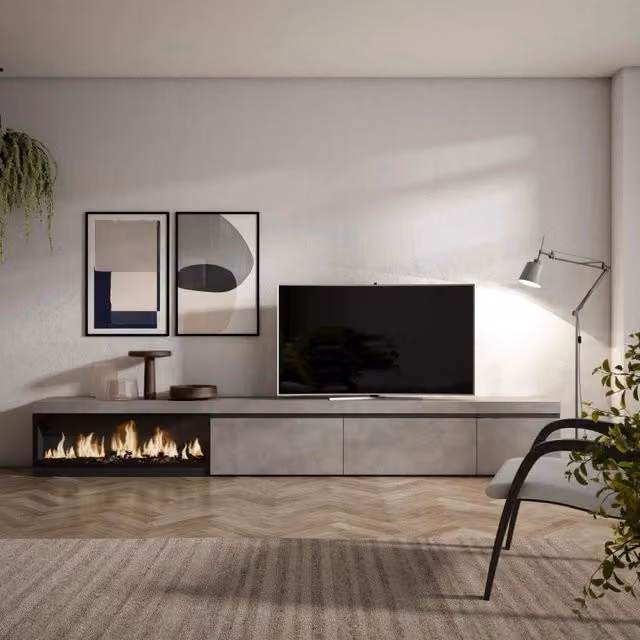 Mobile TV Soggiorno, 317x35x45cm, Camino elettrico XXL, grigio cemento RF3666