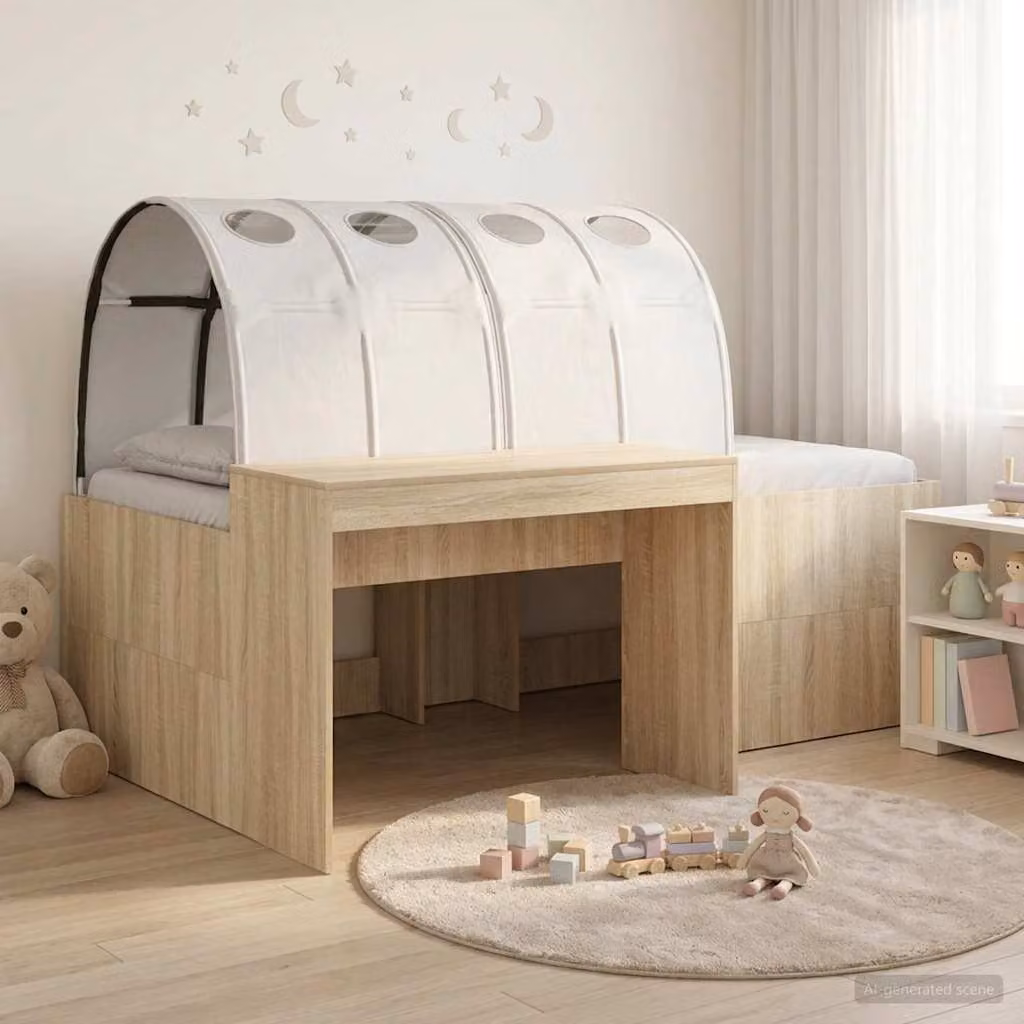 Set da camera per bambini vidaXL composto da letto alto e scrivania in legno ingegnerizzato, bianco e beige, L: 193 cm x P: 120 cm x H: 133,5 cm