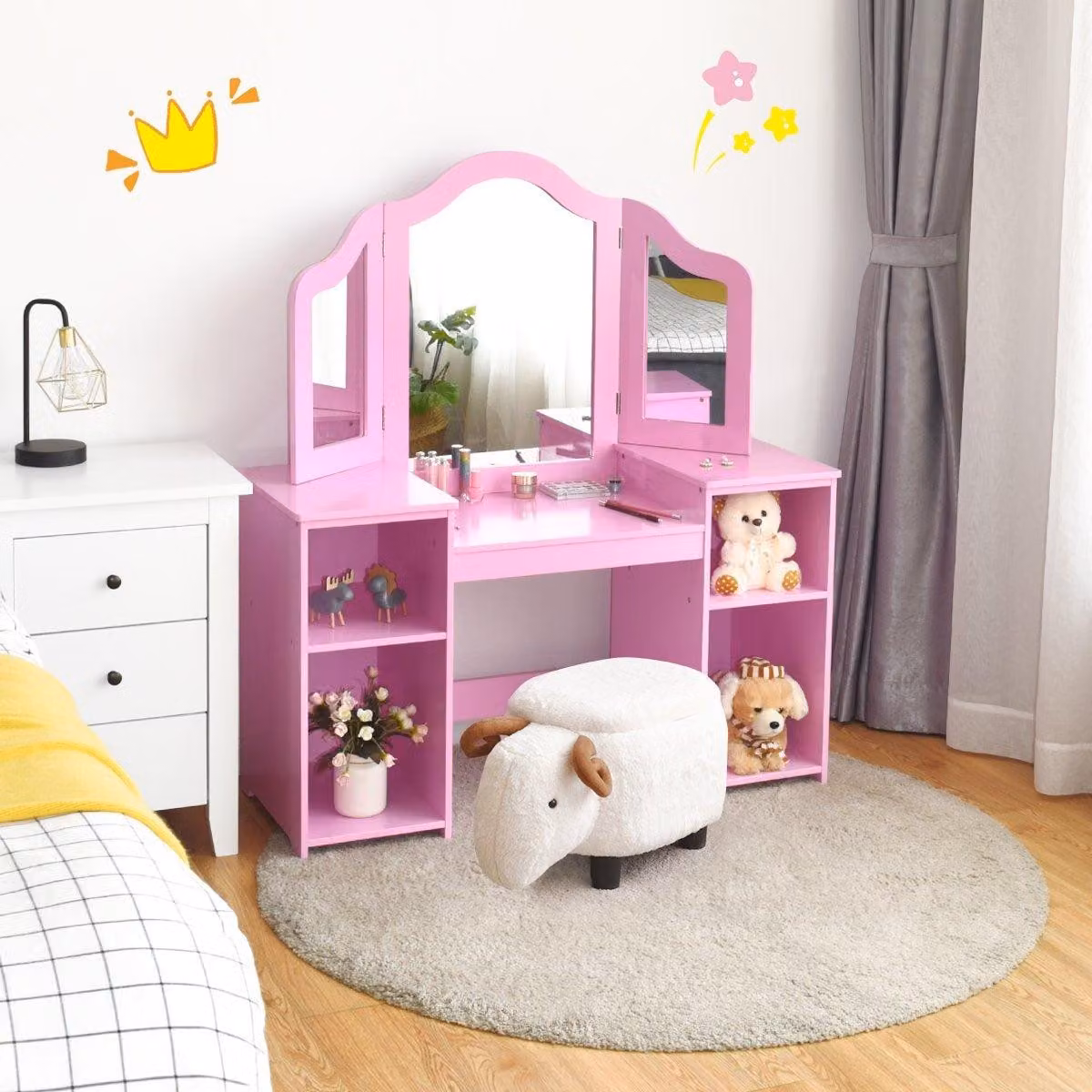 Toeletta 2 in 1 con specchio rimovibile e scomparti aperti in legno per bambini dai 3 anni rosa