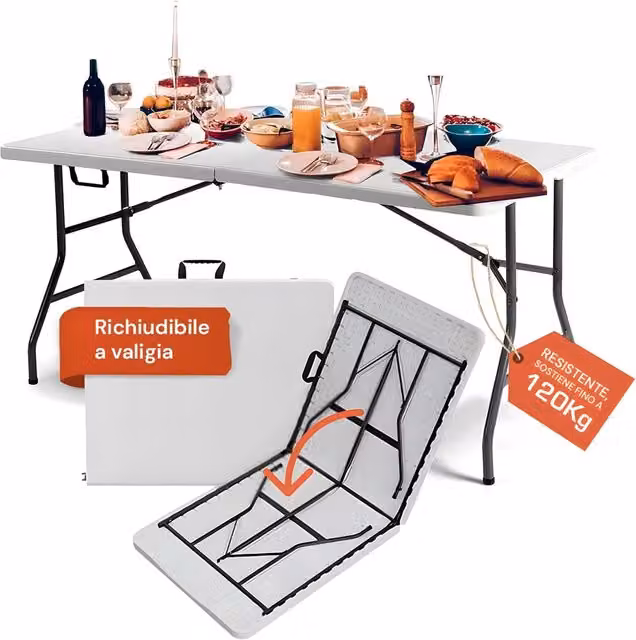 Tavolo pieghevole rettangolare Zendea in plastica bianca per giardino e terrazzo L: 120 cm, P: 70 cm, H: 74 cm