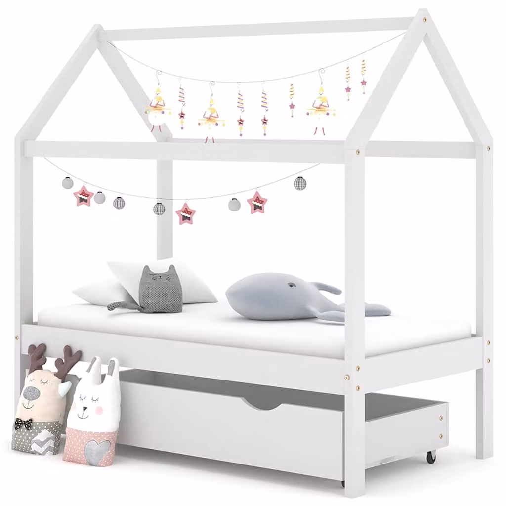 vidaXL Giroletto per Bambini in Pino Massello Bianco con Cassetto L/P/H: 140 x 70 x 77 cm