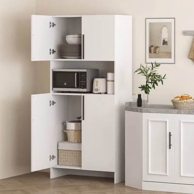 Mobile dispensa FOLYNA bianca con due armadi e piano per microonde in legno, L: 79 cm, P: 40 cm, H: 175 cm