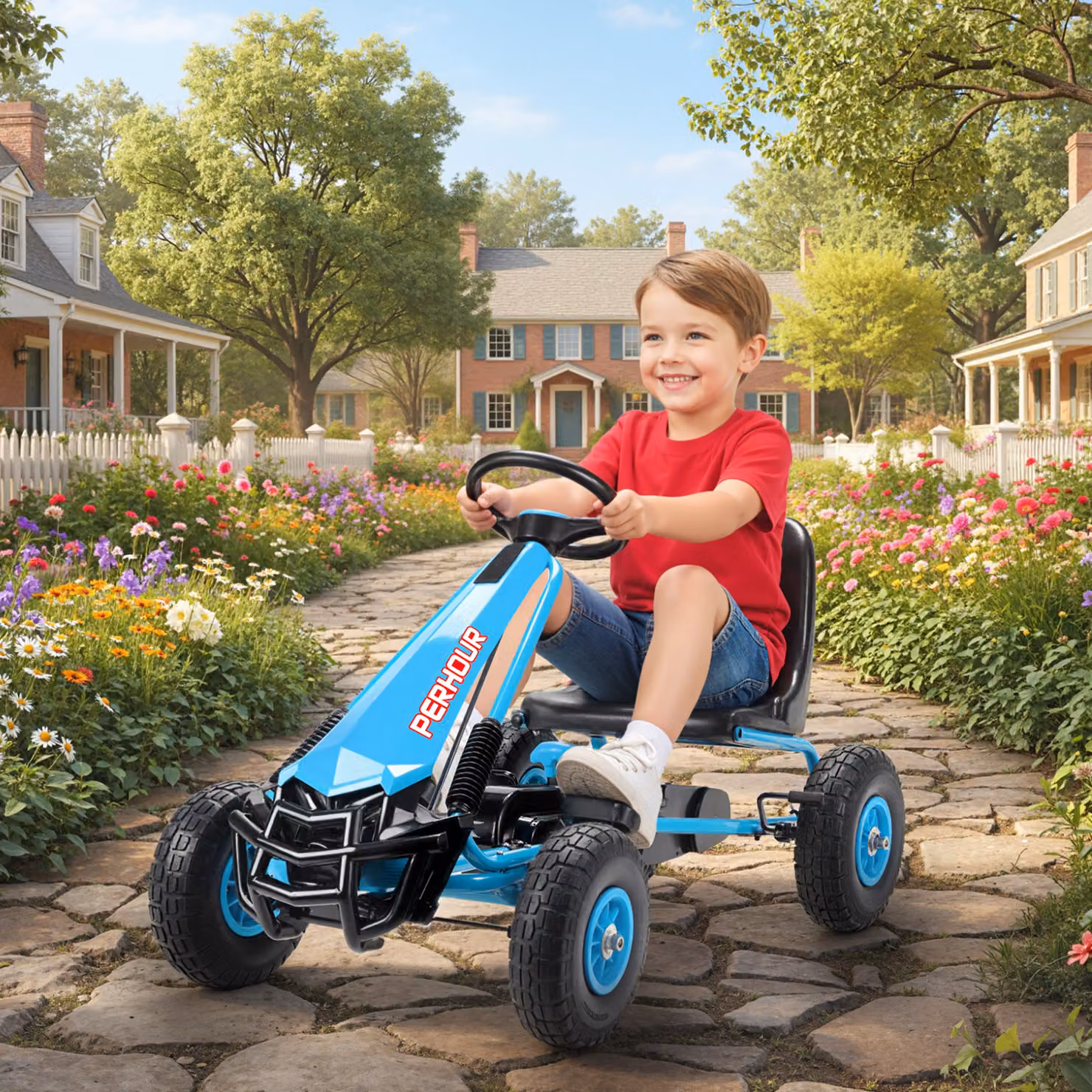 Gokart a pedali AIYAPLAY per bambini con sedile regolabile e ruote in EVA, freno e frizione, Blu – 2