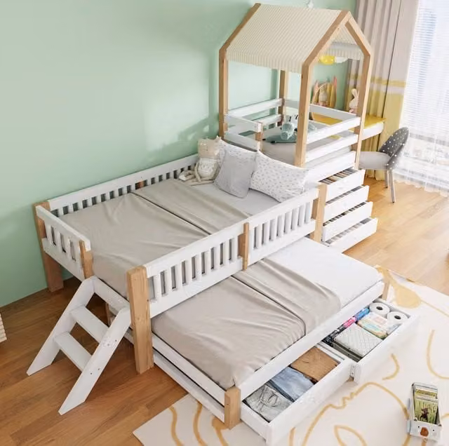 Letto a castello per bambini 90x200 cm con letto estraibile 90x190 cm, struttura in legno massiccio, scaletta laterale e cassettiera a quattro cassetti, bianco e rovere naturale