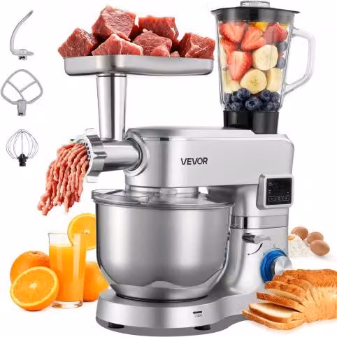Robot da Cucina Elettrico Multifunzionale VEVOR da 1500 W, Colore Silver, con Ciotola in Acciaio Inox da 5,7 L, 6 Velocità e Funzione Pulse