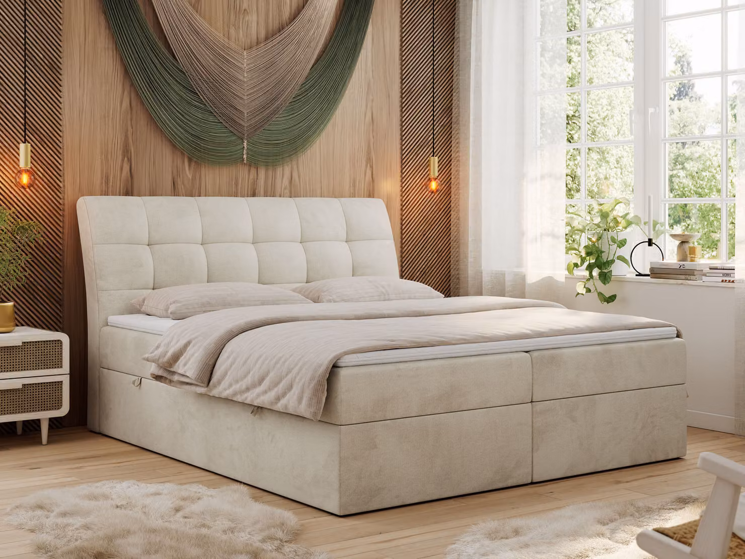 Letto boxspring 200x200 con materasso, letto con materasso Multipocket - H4 e topper, letto imbottito 200x200 con contenitore e testiera, DIEGOS - 200x200 - Beige - Velvet - H4