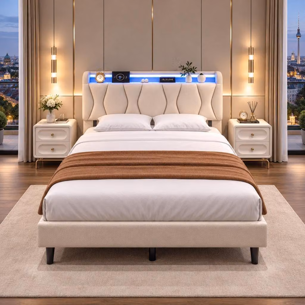Letto imbottito INONEFT, 160 x 200 cm, letto matrimoniale in legno con testiera imbottita, struttura letto per ragazzi con LED e stazione di ricarica (beige, 160 x 200 cm)