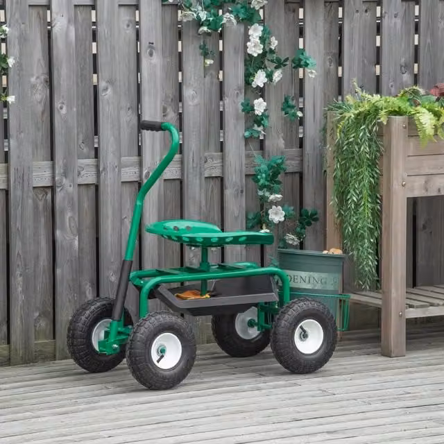 Carrello da giardino WISHDOR con seduta girevole e vassoio portaoggetti, altezza regolabile, verde – 1