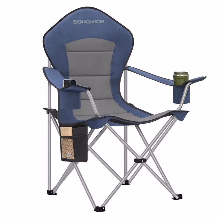 Sedia da campeggio pieghevole con schienale alto e portabicchiere, Blu + Grigio