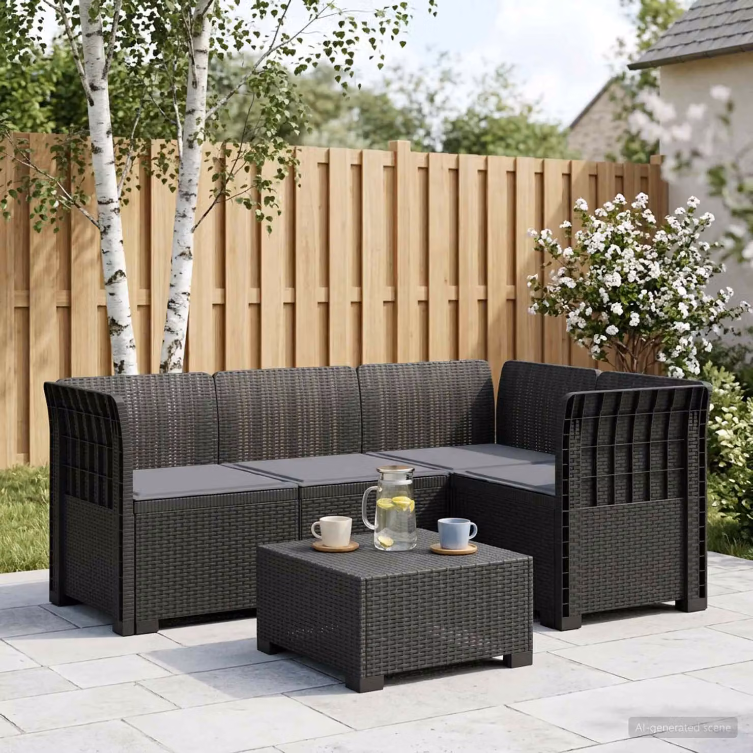 Divano da giardino angolare vidaXL a 4 posti con cuscini in stile rattan, colore grigio antracite