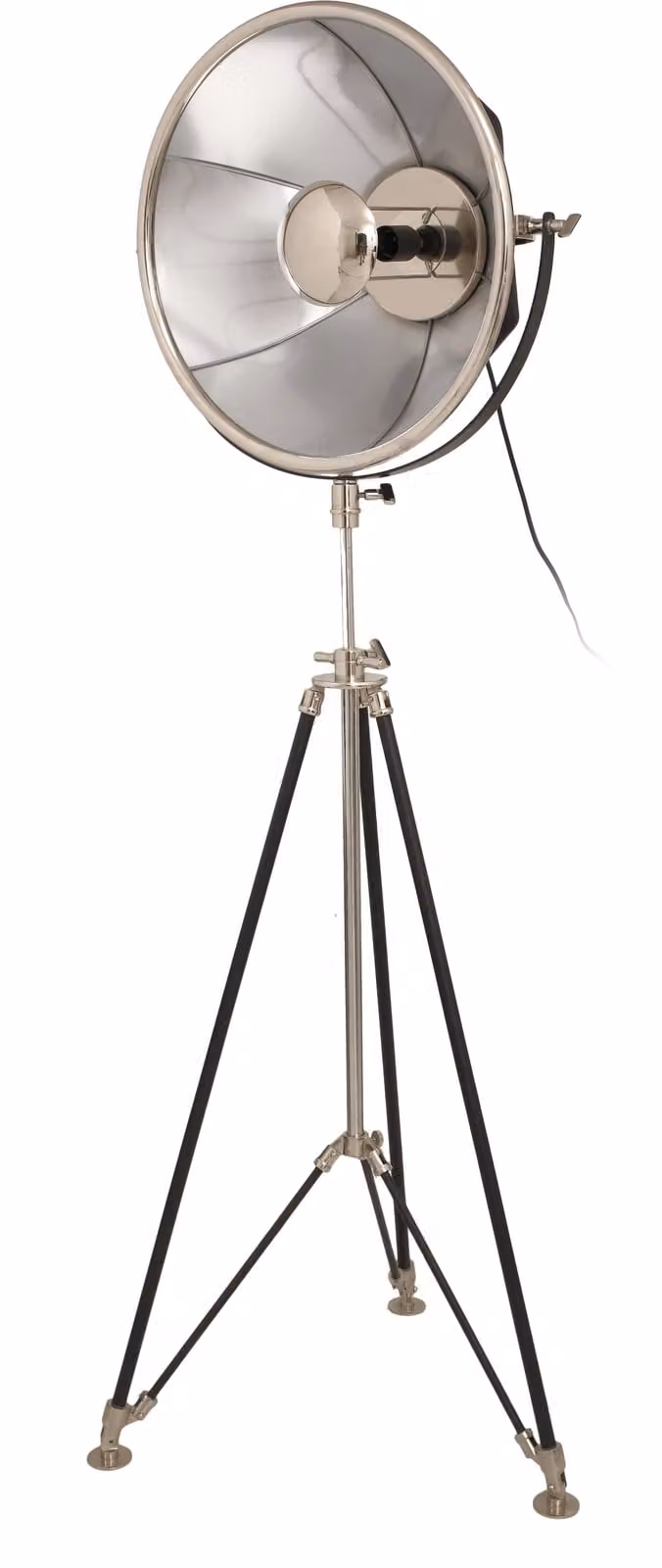 Lampada da terra Padiro, dimensioni 53 x 57 x 142,5-159,5 cm, colore nero e argento, realizzata in acciaio e alluminio, con treppiede regolabile in altezza