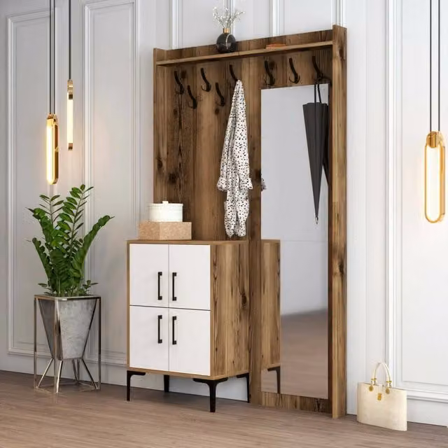 Mobile da ingresso Isidore DMORA, composizione appendiabiti e consolle portaoggetti multifunzione, L: 120 cm, P: 35 cm, H: 200 cm, Noce e Bianco