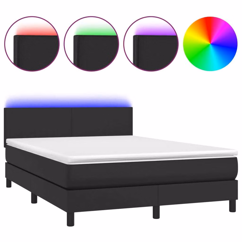 Giroletto a Molle con Materasso e LED Nero 140x200cm Pelle finta