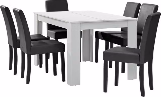 Set da pranzo en.casa composto da tavolo rettangolare e 6 sedie in similpelle, colori bianco e grigio scuro, L: 140 cm, P: 90 cm