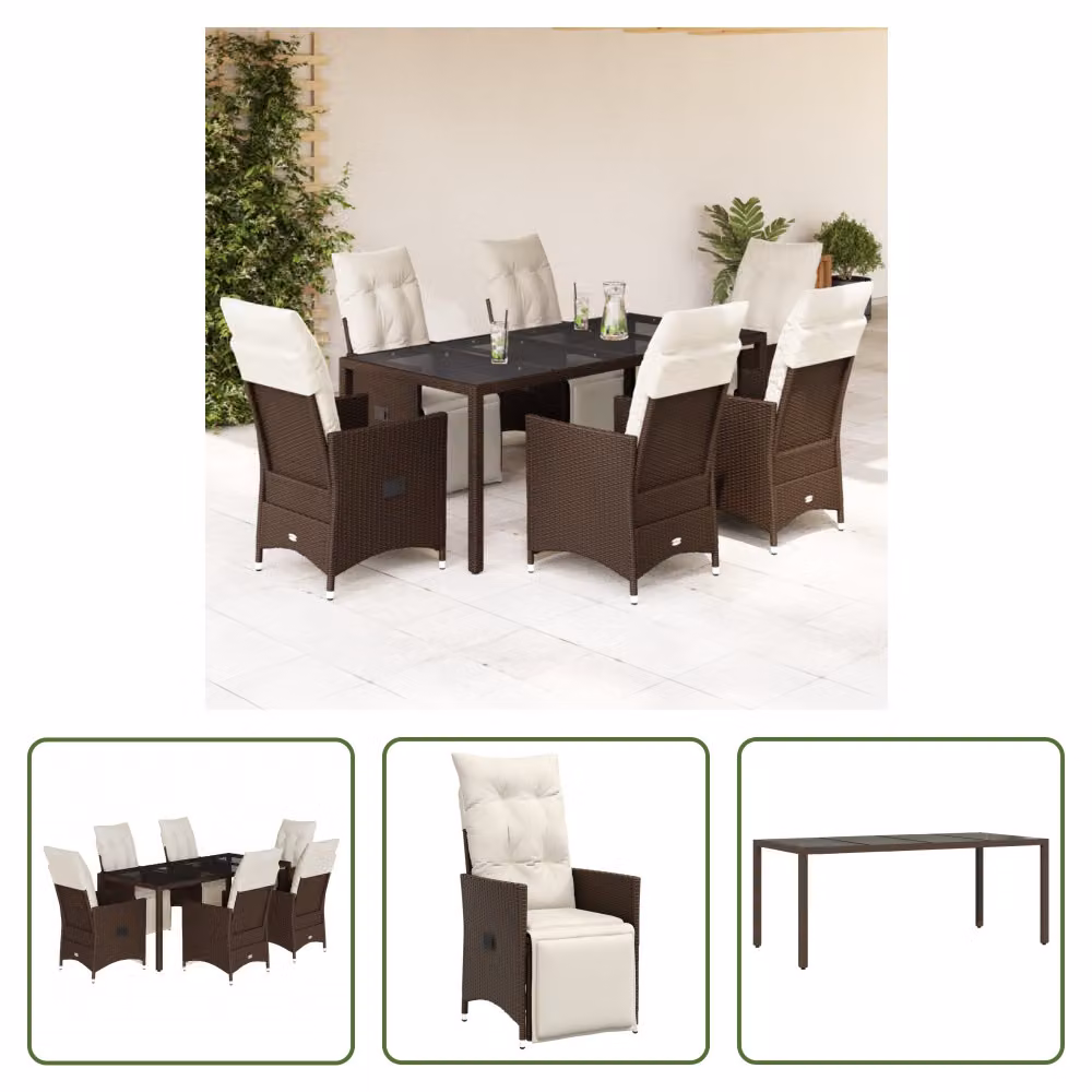 The Living Store Set bistrot da giardino 7 pezzi con cuscini in poly rattan marrone