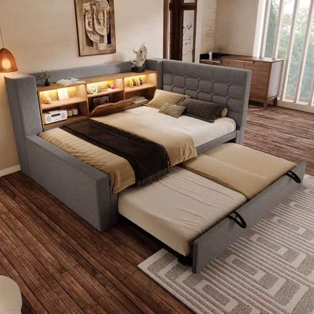Letto estraibile REDOM in lino grigio con illuminazione LED, porte USB e scomparti laterali, L/P/H: 90 x 200 cm