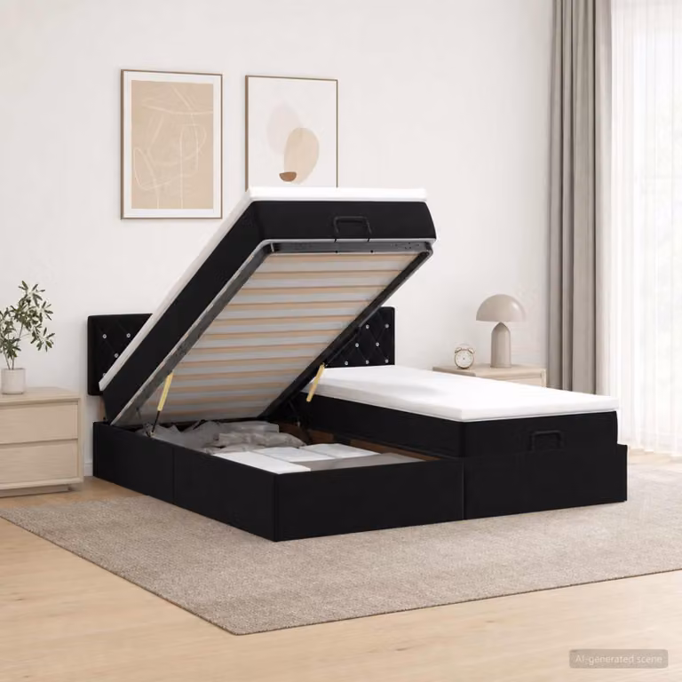 Letto ottomano con materasso e testiera vidaXL in velluto nero, L/P/H: 160 x 200 x 88 cm