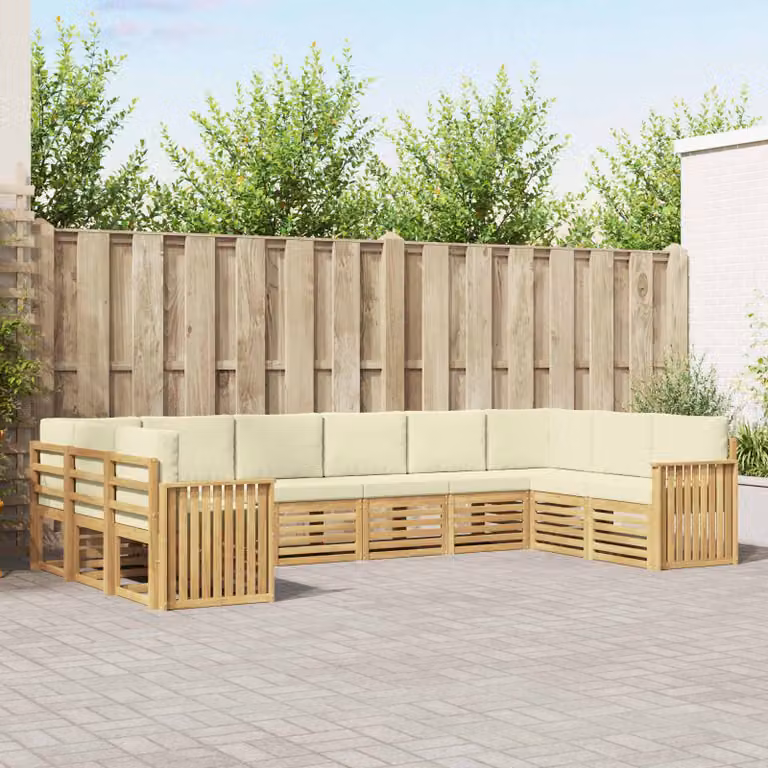 vidaXL Set di divani da esterno a L in legno di acacia con cuscini Bianco e Beige