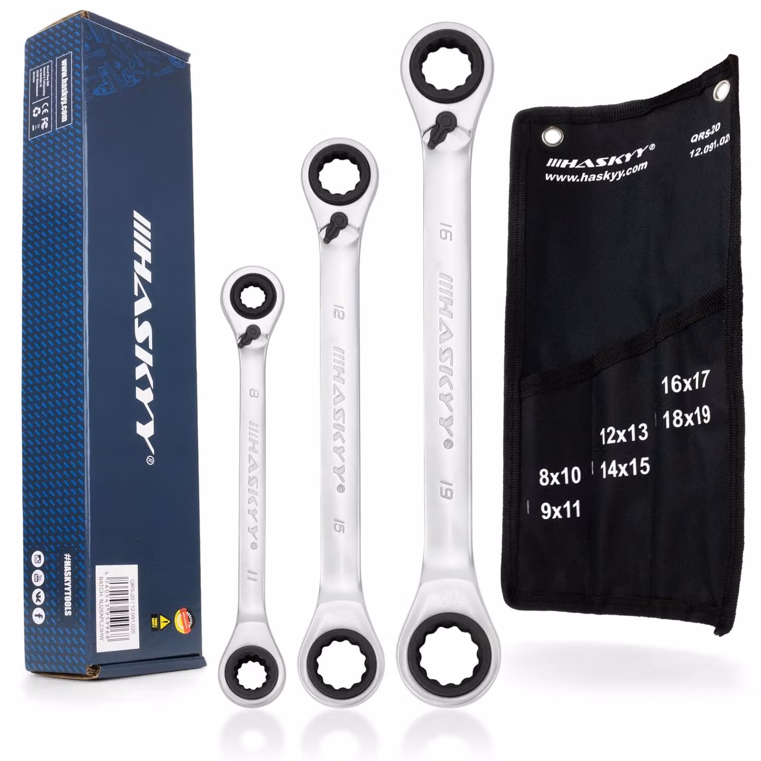 Set di chiavi a bussola multifunzione (4 in 1), composto da 3 pezzi, con 12 misure da 8 a 19 mm
