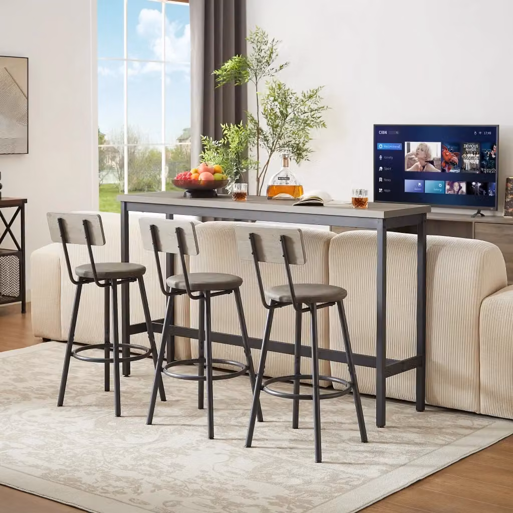 Set Tavolo Bar Lungo Minimal con 3 Sgabelli Imbottiti in PU Grigio Rustico e Nero – 2