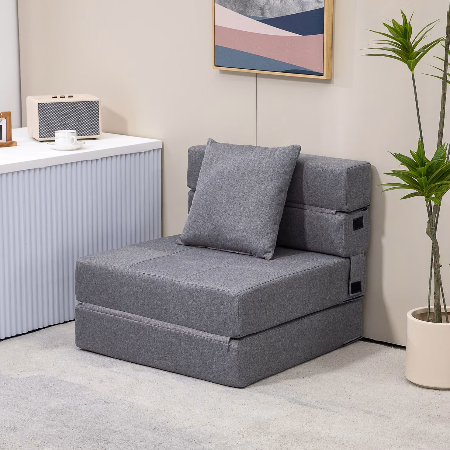 Poltrona Letto Moderno 2 in 1 HOMCOM Pieghevole con Seduta Morbida e Cuscino, Grigio, L: 70 cm, P: 70 cm, H: 61 cm – 2