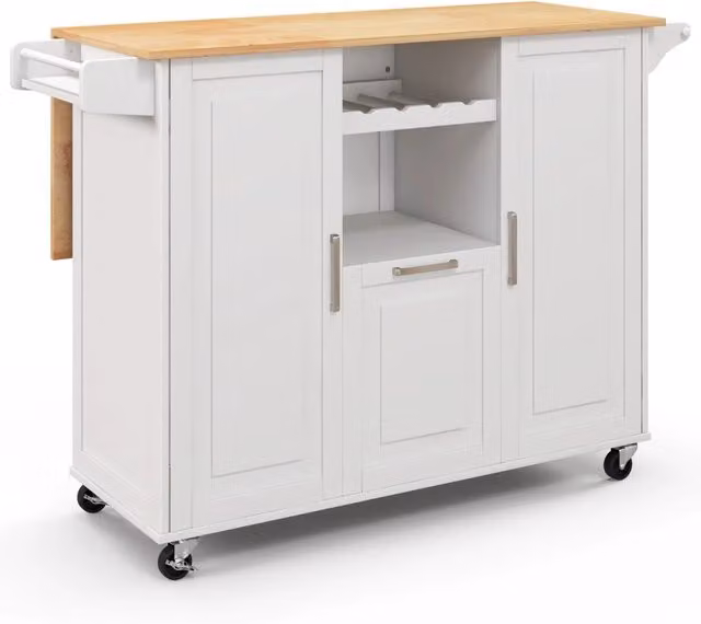 Carrello cucina isola con piano ribaltabile e 4 ruote girevoli, Isola cucina con cassetto profondo portabottiglie Bianco-Carrelli